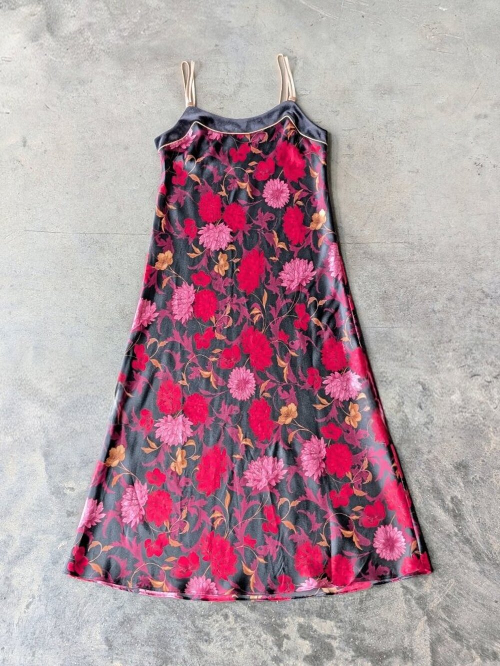 Vintage 90s Whimsigoth Red Pink Floral Satin Midi Slip Dress Indie Sleaze small